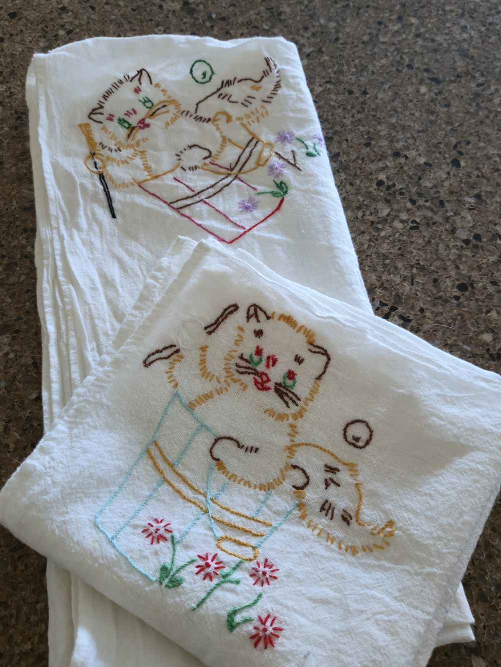 Vintage Hand Embroidered Cat Flour Sack Towels Set of 2